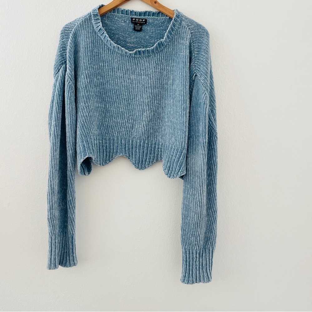 Poof New York Baby Blue Chenille Cropped Sweater - Shark Bite Tulip Hem